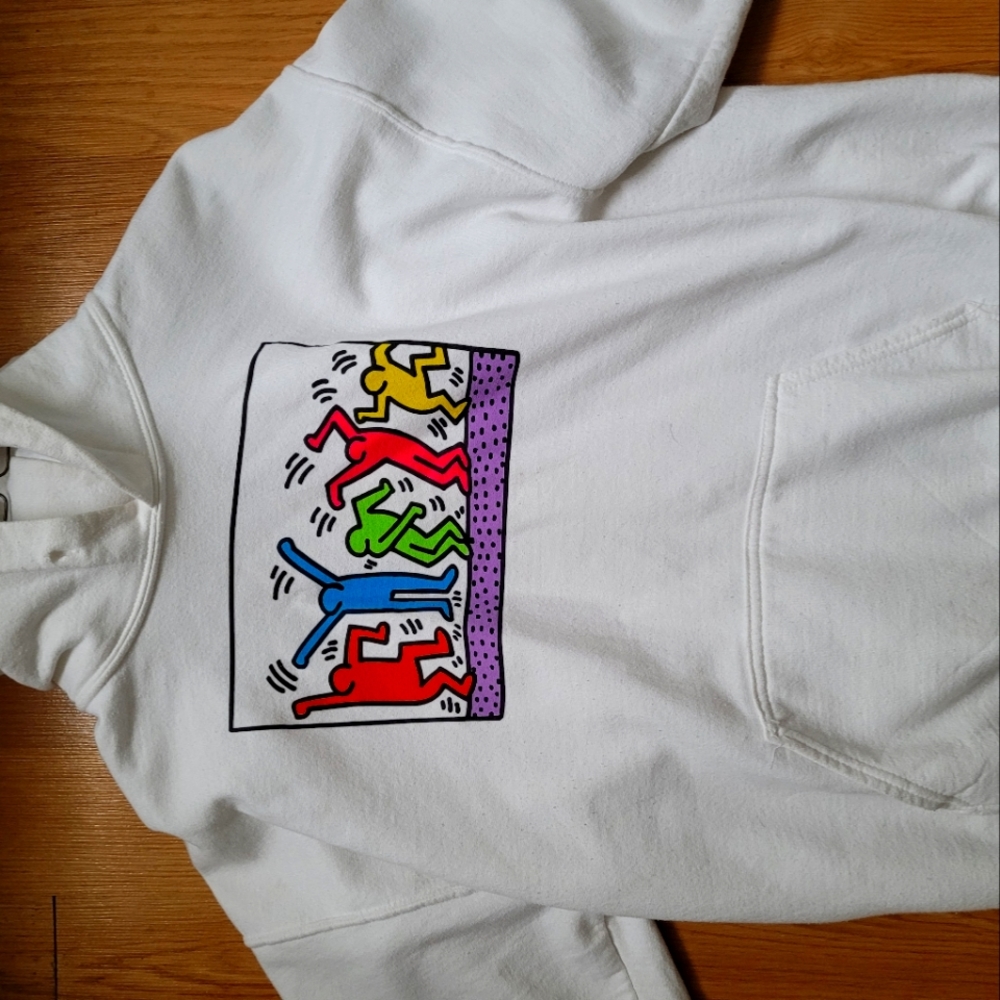 H&M White Hoodie with Colorful Keith Haring Style Dance Graphic